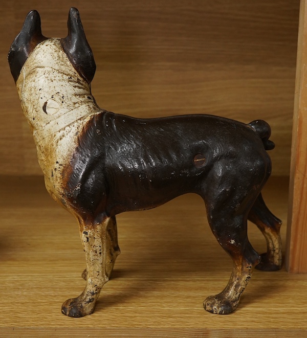 A painted cast iron model of a Boston Terrier, 25cm tall. Condition - fair to good